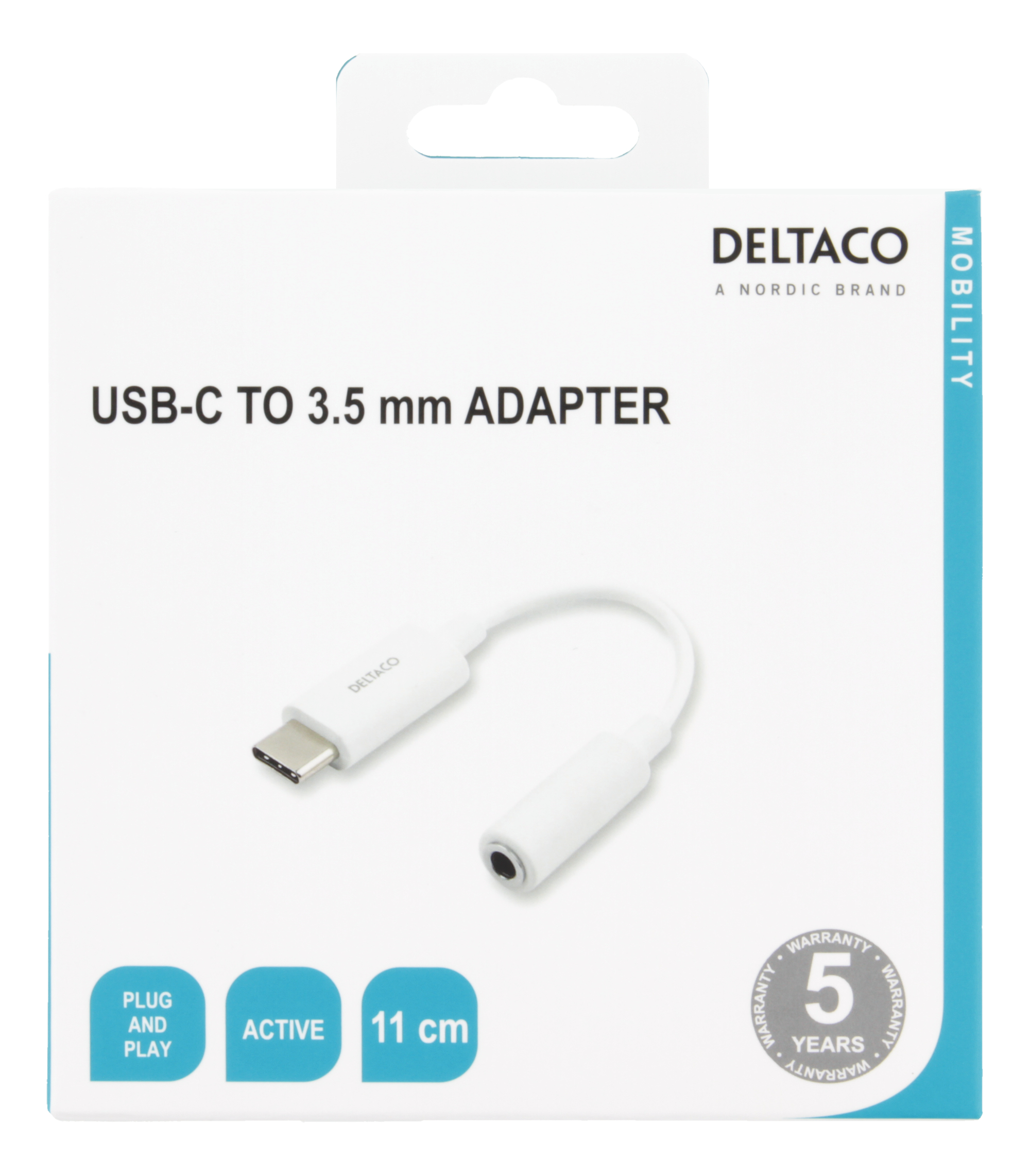 Adattatore USB-C a 3,5 mm bianco in una scatola bianca. Il testo è visibile.