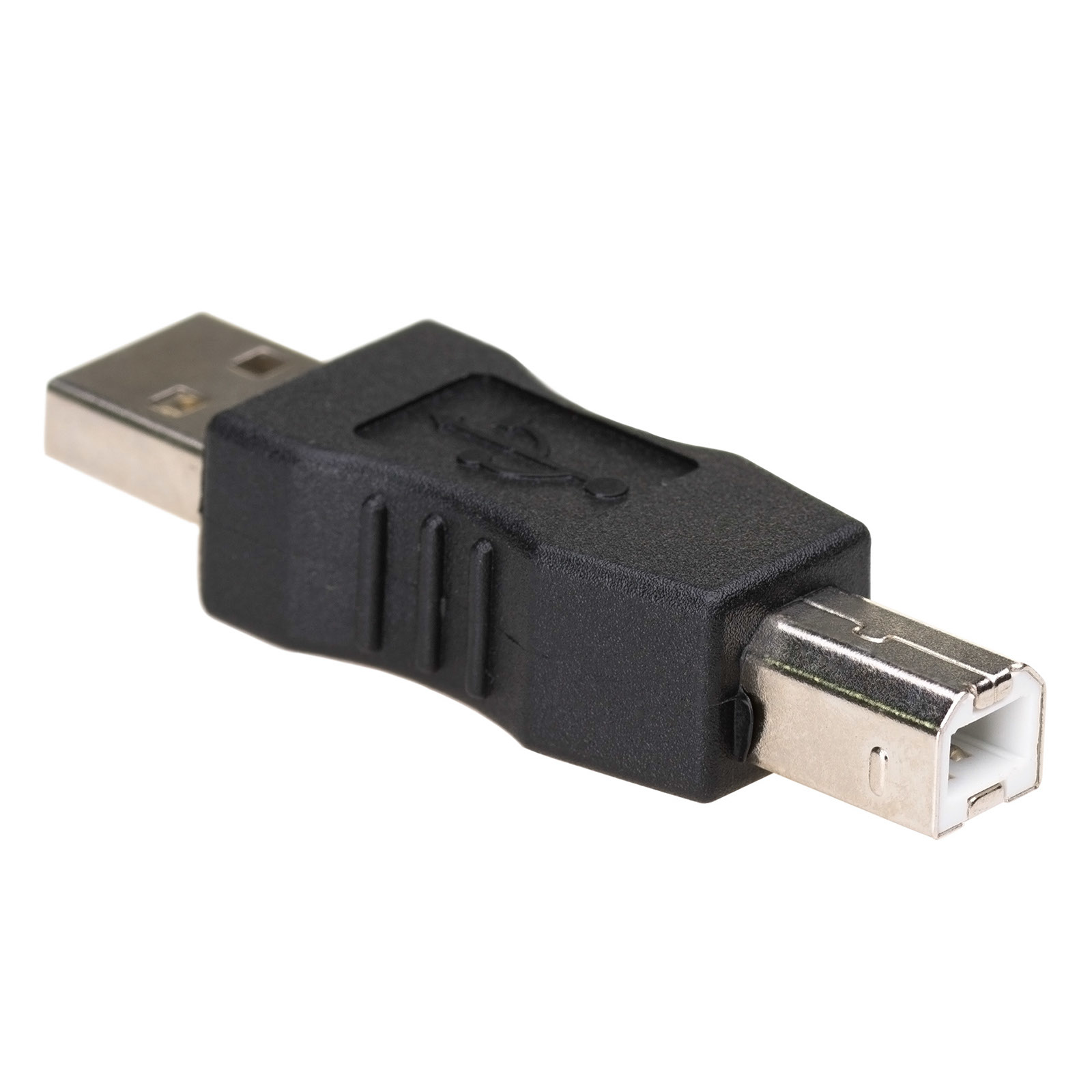 Adattatore USB nero con connettori maschio e femmina, sfondo bianco.
