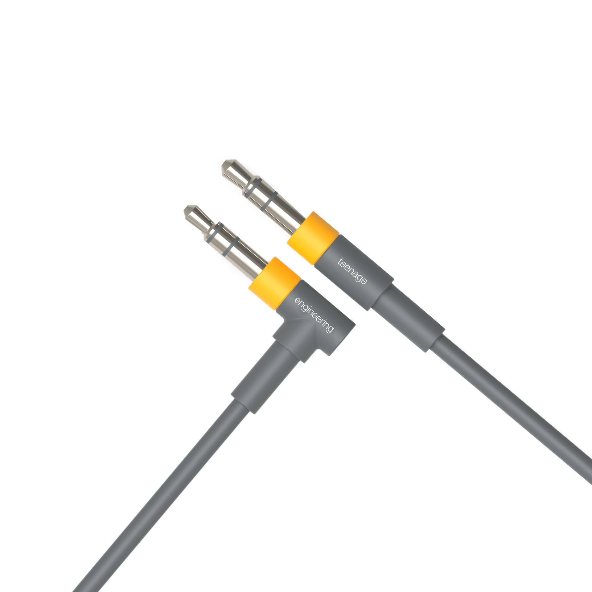 Due jack audio collegati a un cavo grigio, sfondo bianco.