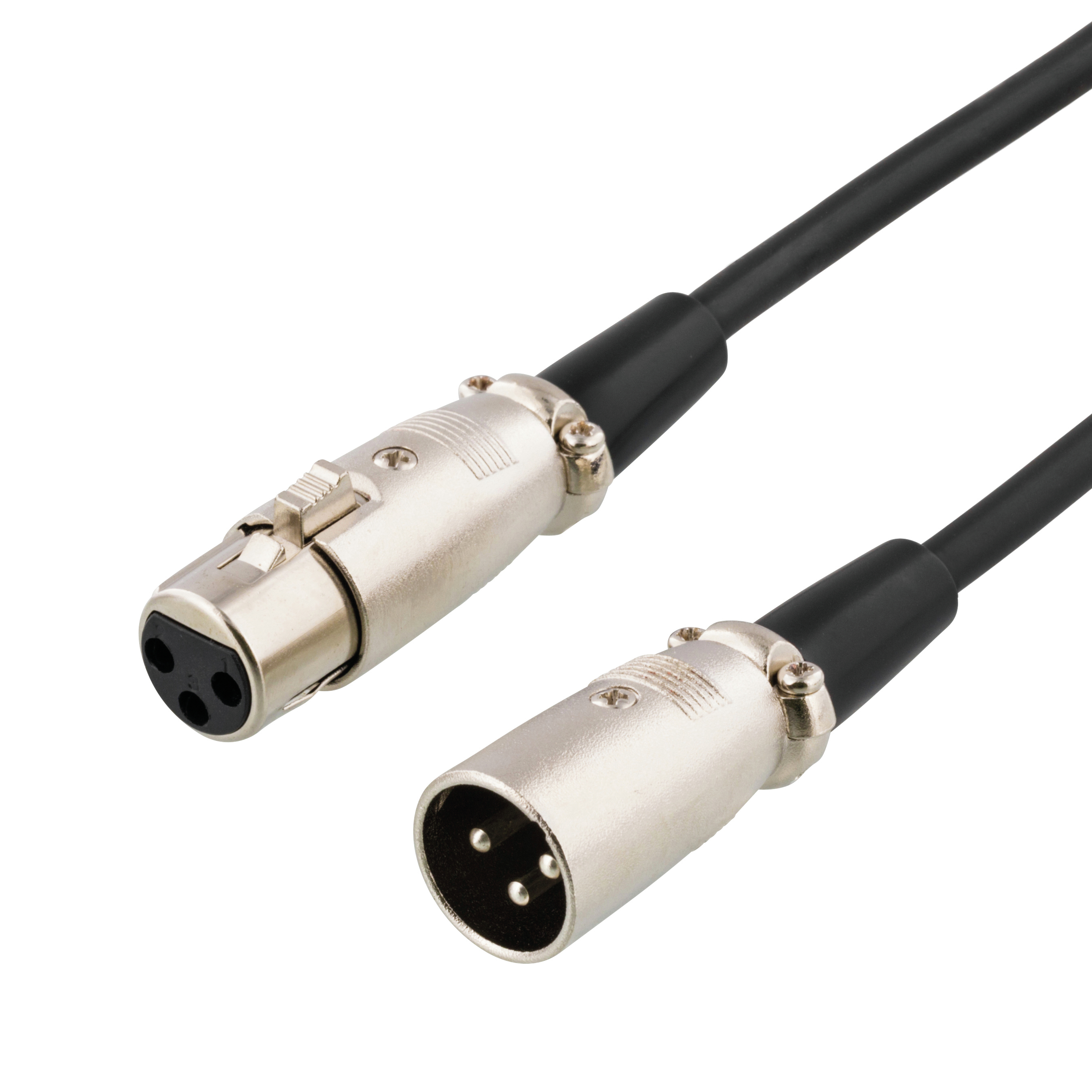 Due connettori XLR neri con cavo nero, sfondo bianco.