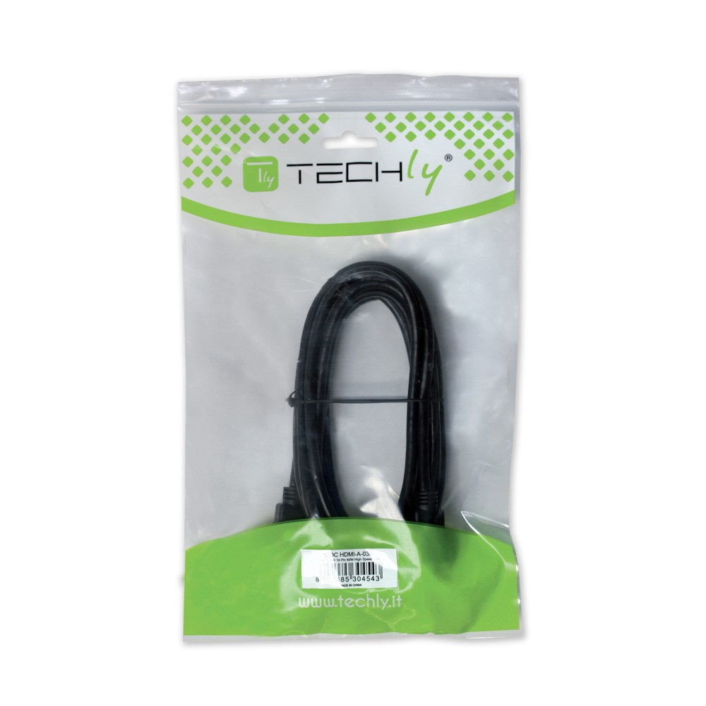 Zwarte HDMI-kabel in een transparante plastic zak. Merk is TECHly.