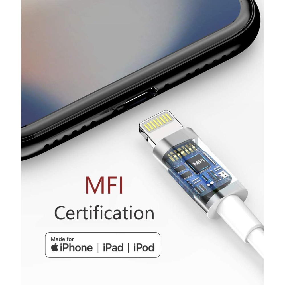 Primo piano di un iPhone con cavo Lightning. Il testo 'Certificazione MFI' è visibile.