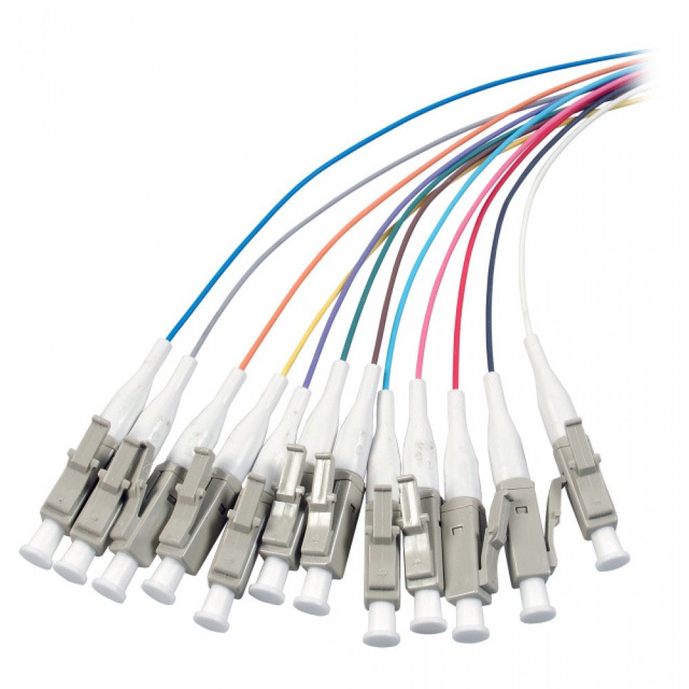Un gruppo di cavi in fibra ottica con connettori beige e cavi multicolore.