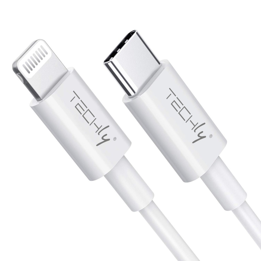 Due cavi bianchi, uno USB-C e uno Lightning. Entrambi con marchio TECHLY.