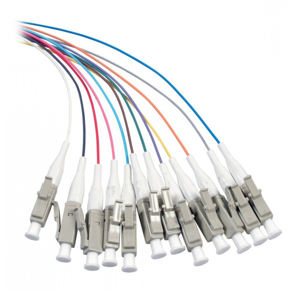 Molteplici connettori per cavi in fibra ottica con vari colori su sfondo bianco.