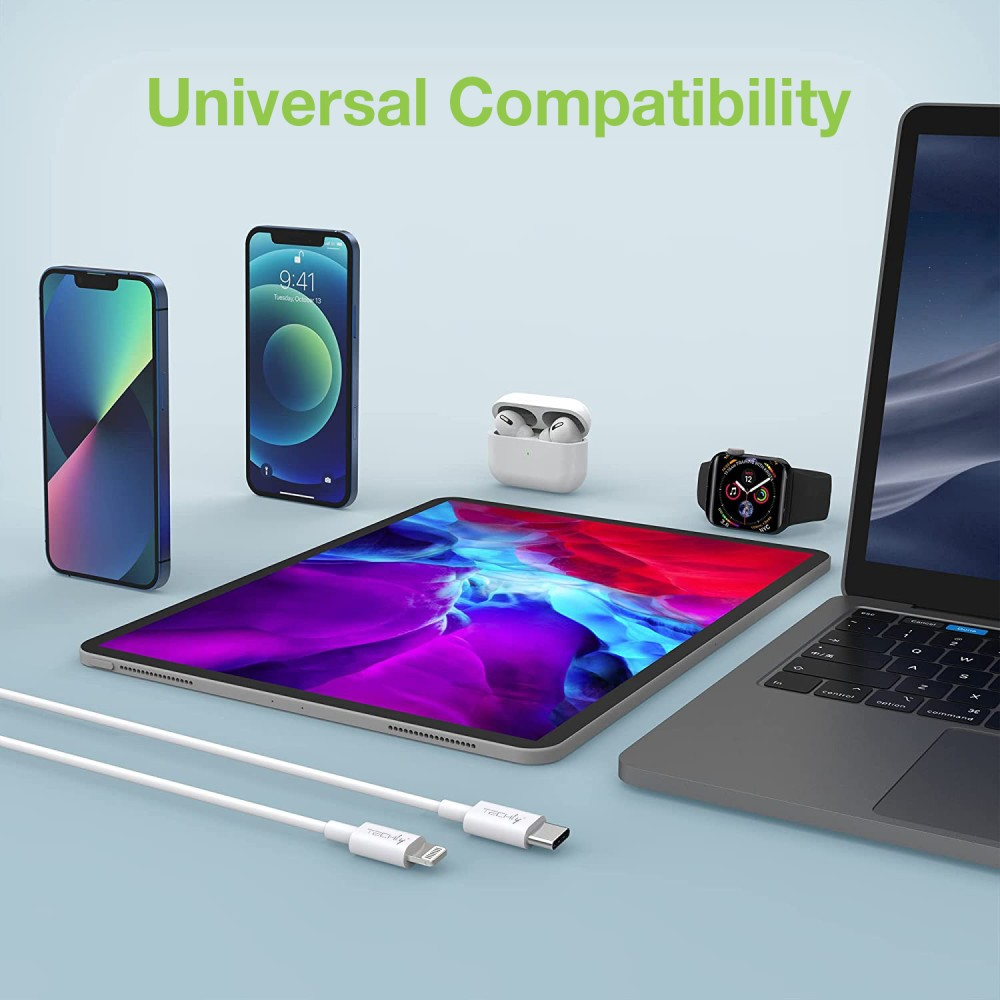 Dispositivi: telefono, tablet, laptop, orologio e AirPods. Cavi USB-C. Testo: Compatibilità universale.
