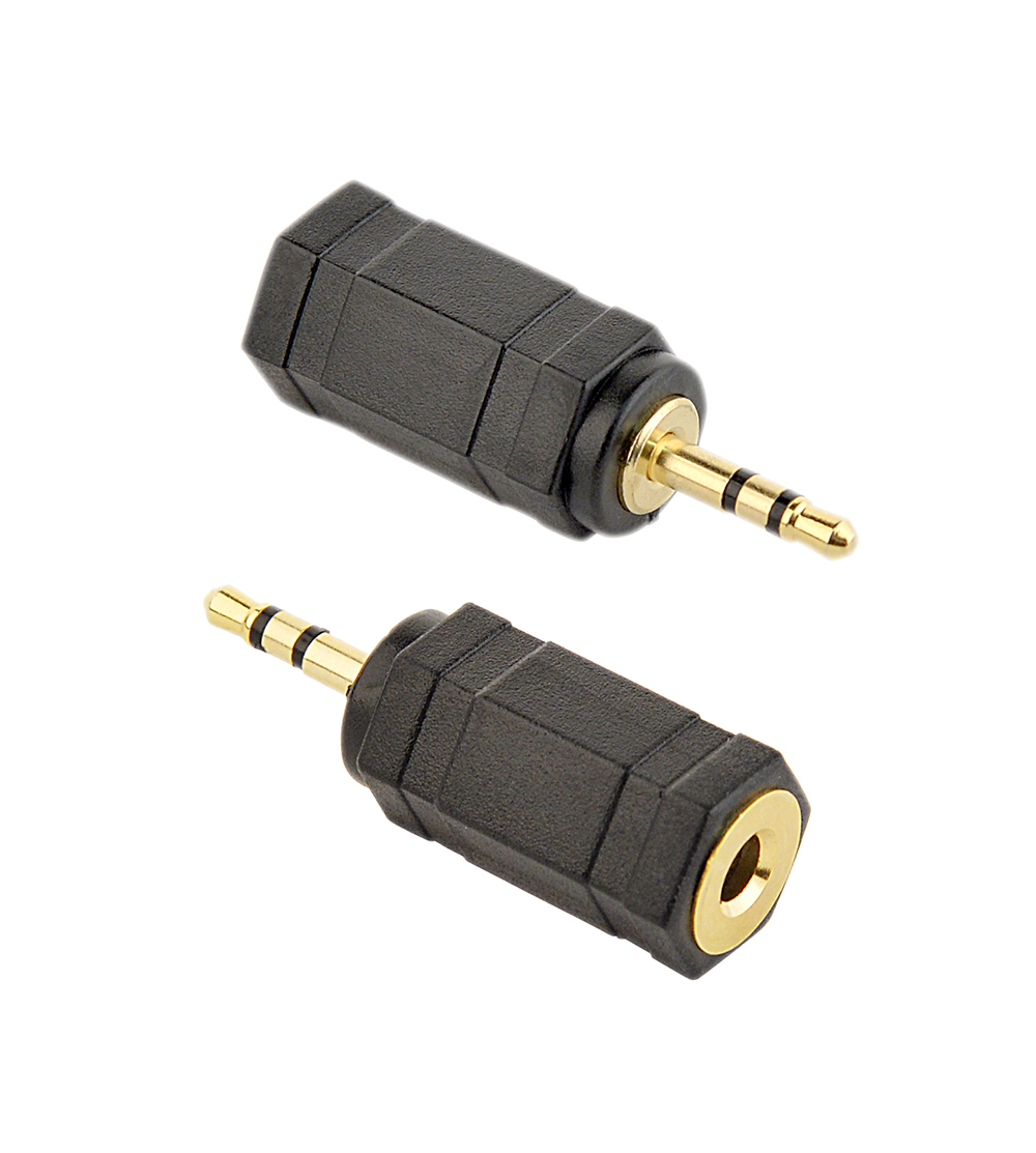 Due adattatori audio neri con connettori dorati su sfondo bianco.