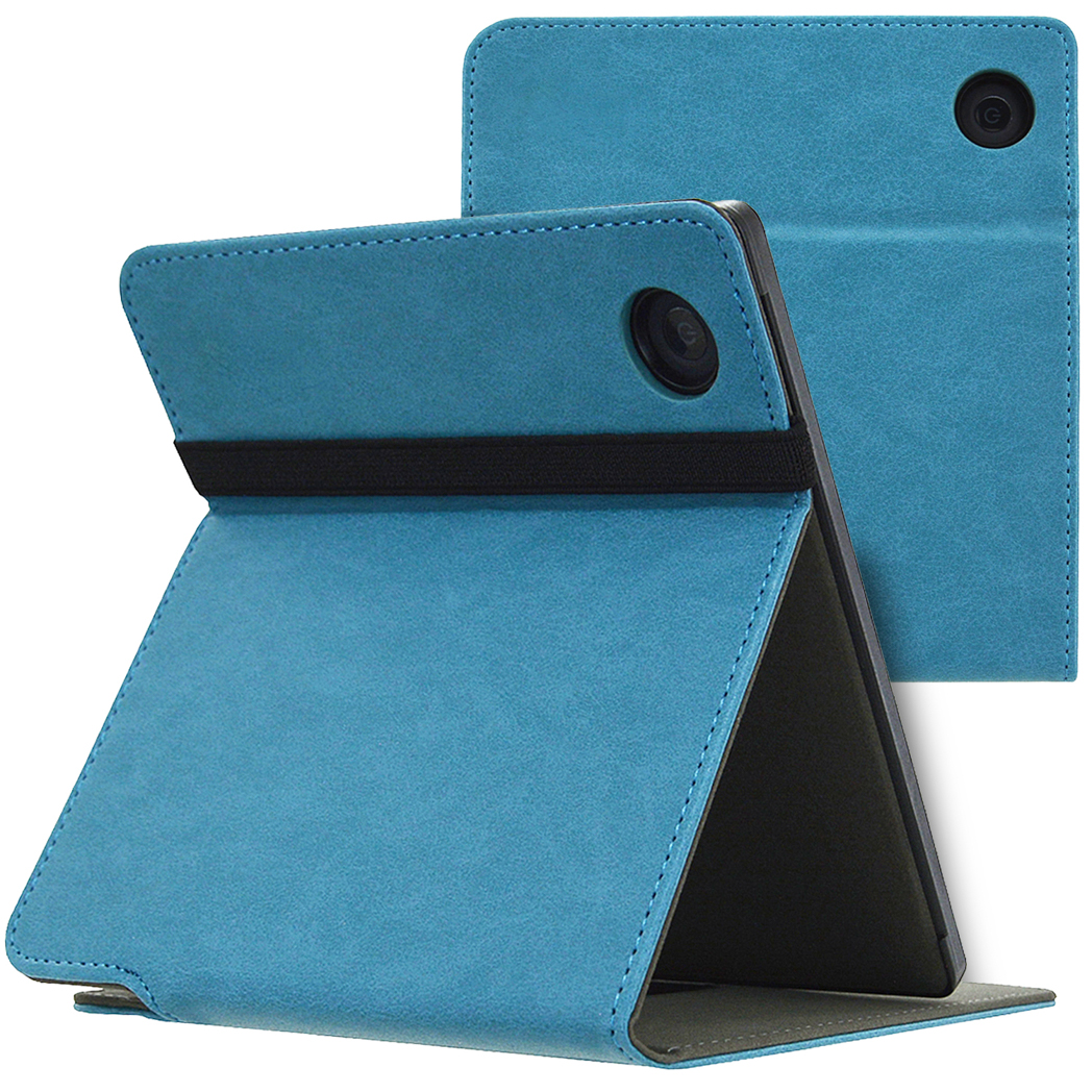 Een blauwe tablethoes is open, met een zwarte elastische band. De achtergrond is wit.