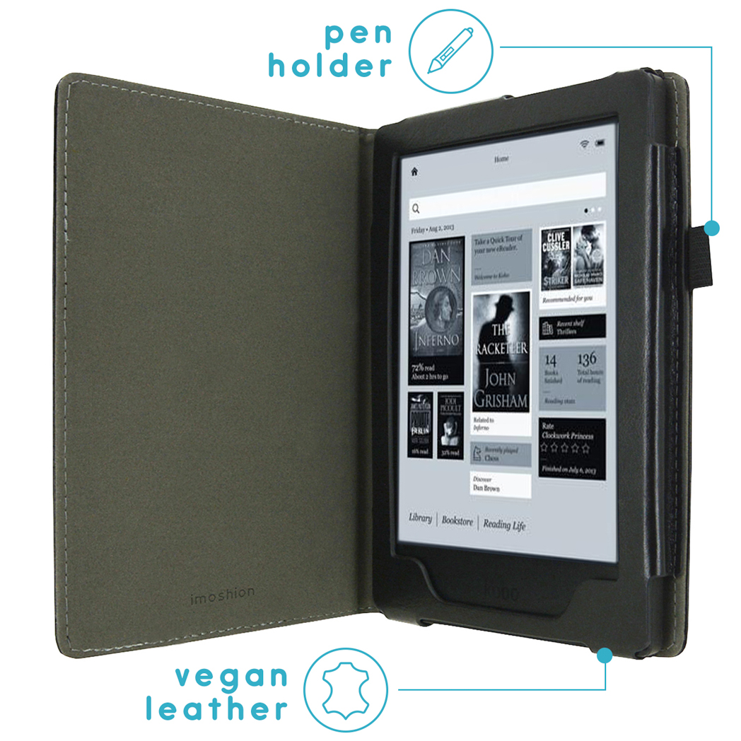 An ebook reader in a dark green leather case, open, with a pen holder.