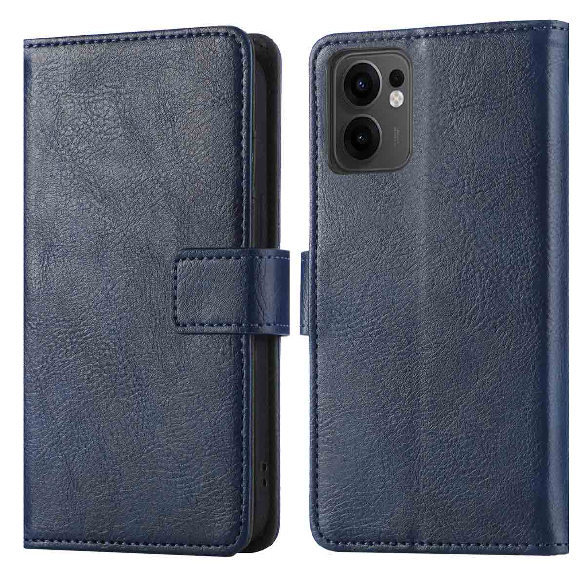 Telefoonhoes, gesloten en open, blauw leer met een donkerblauwe lip en een camera gat.