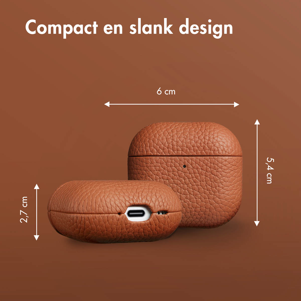 Two brown leather AirPods cases with dimensions labeled. One closed and the other open.