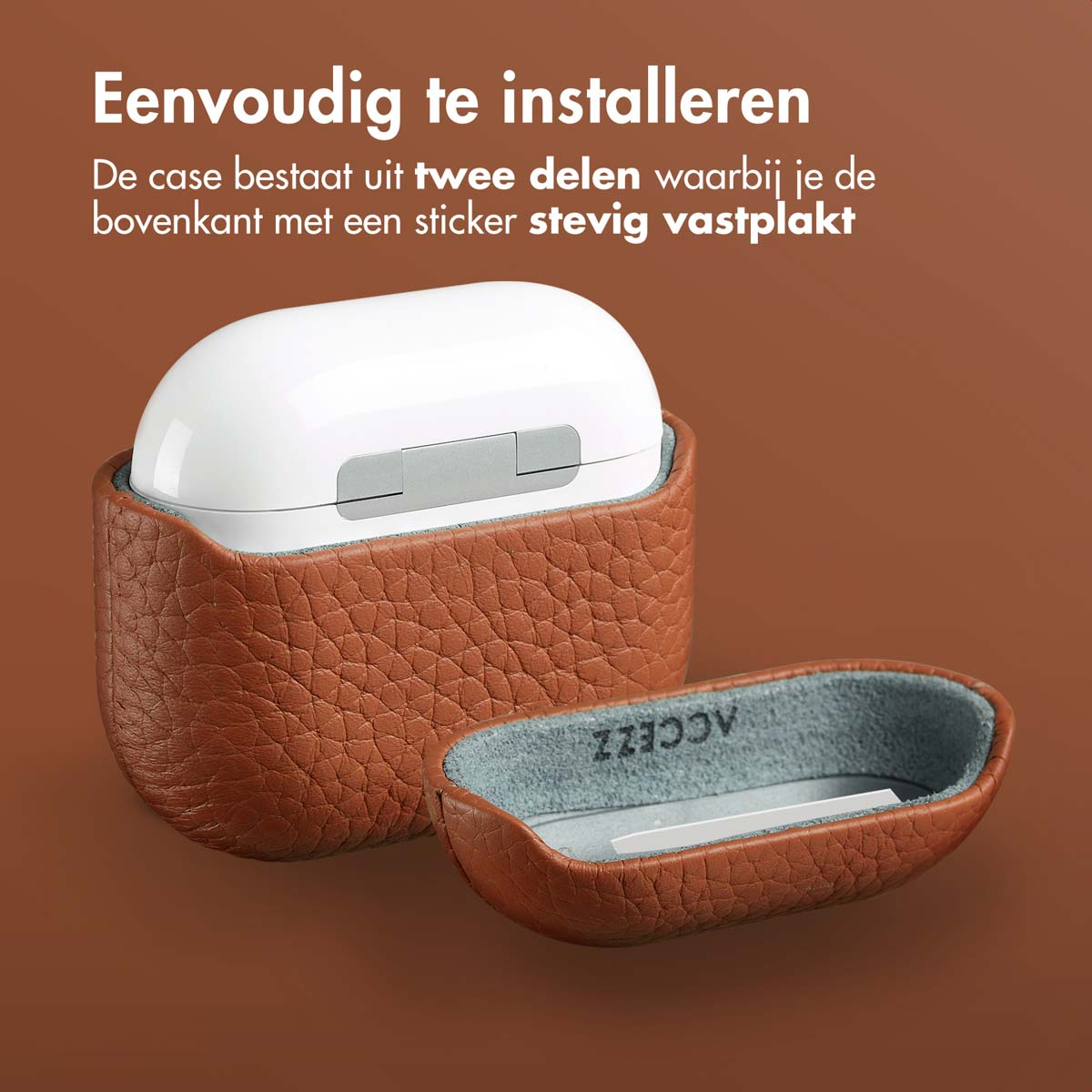 White AirPods case in a brown leather case, with a separate brown leather bottom.