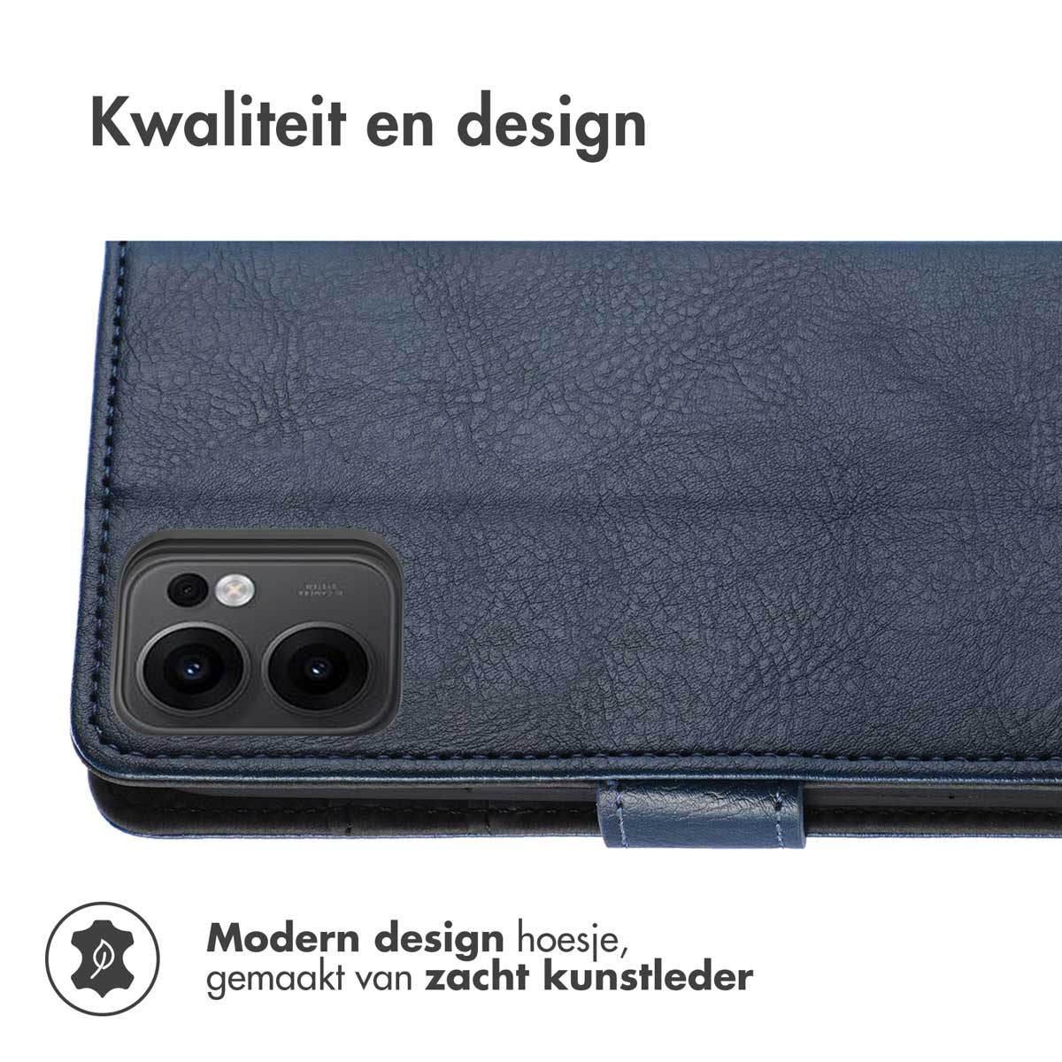Donkerblauwe telefoonhoes. Close-up, toont de camera. Tekst is in het Nederlands. Zwarte achtergrond.