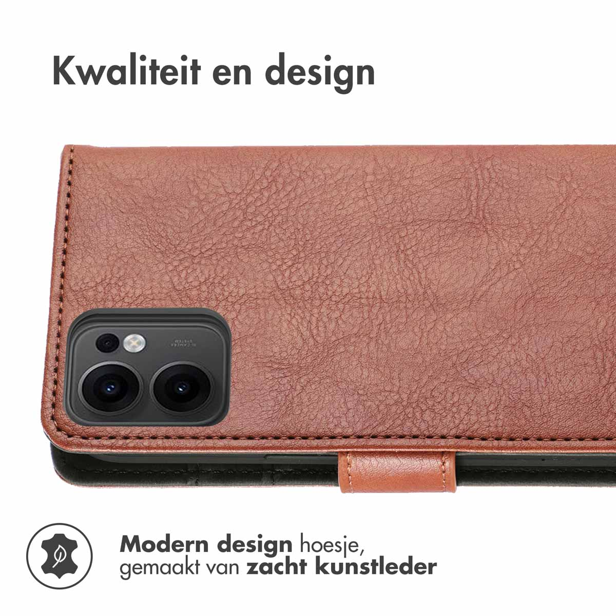 Gesloten bruine leren telefoonhoes, achterkant van de telefoon en een lipje zichtbaar.