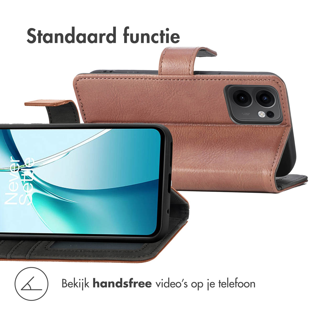 Telefoon in bruine hoes, open. Tekst: 'Bekijk handsfree video's op je telefoon'.