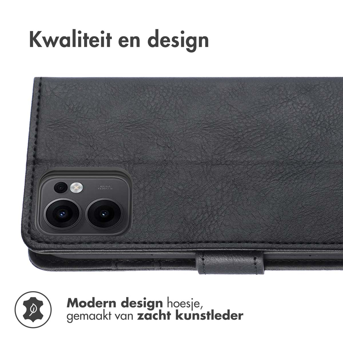 Een gesloten zwarte telefoonhoes. Tekst geeft een modern ontwerp en zacht kunstleer aan.