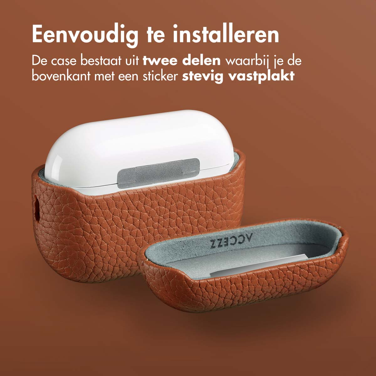 Brown leather AirPods case with white AirPods inside. Two parts. Brown background.