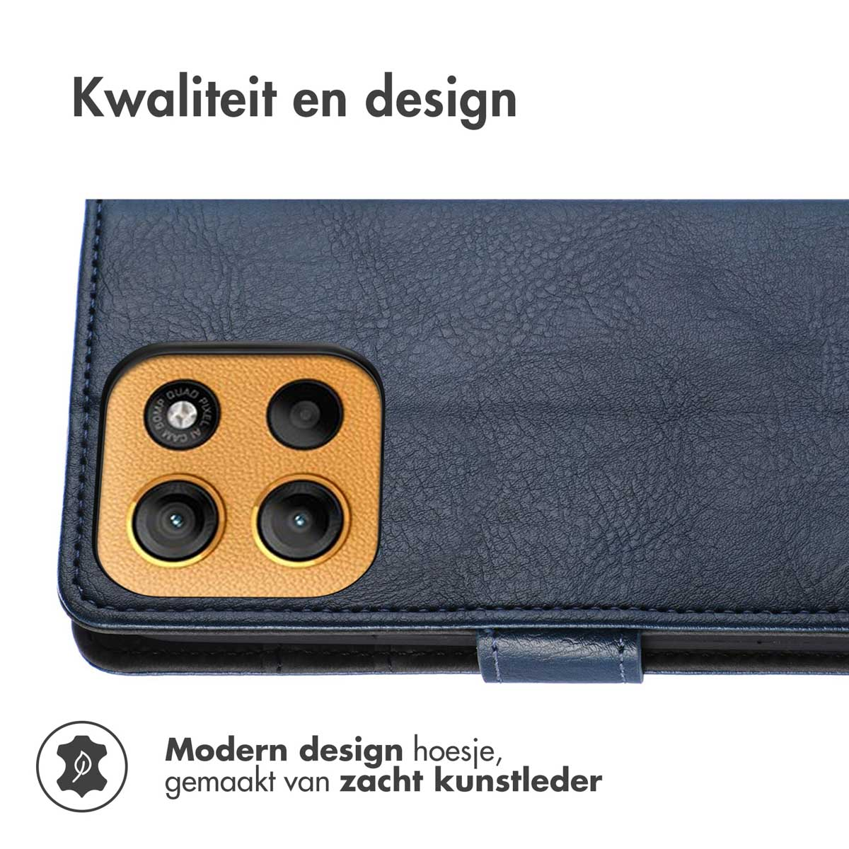 Marineblauwe tablethoes met telefoonafbeeldingen. Zwarte camera's. Witte achtergrond.