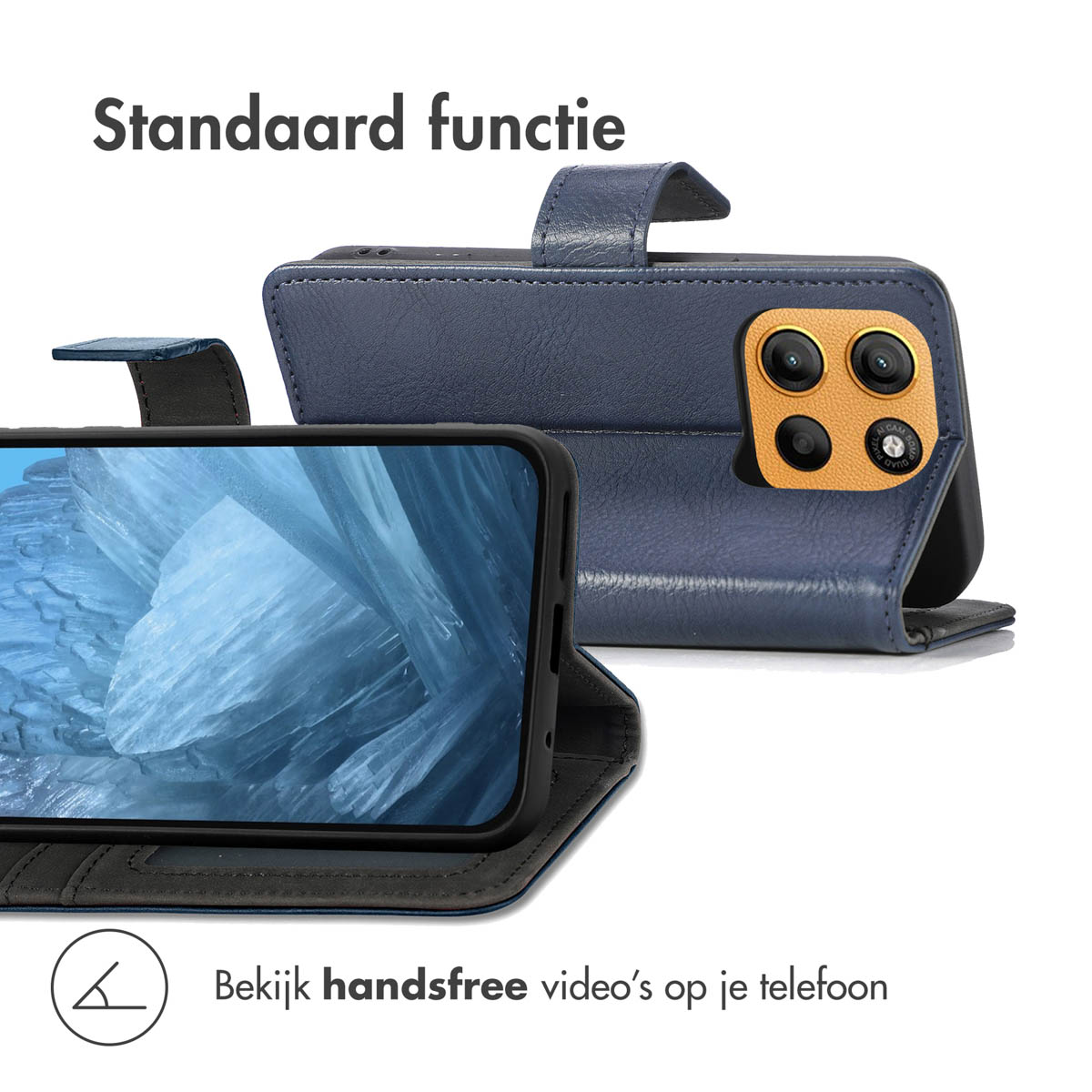 Een telefoonhoesje met een telefoon erin. De hoes is donkerblauw. Tekst zegt: 'Bekijk handsfree video's op je telefoon'.