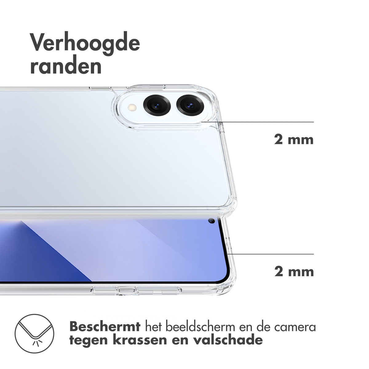 Een doorzichtig telefoonhoesje met verhoogde randen. Er zit een telefoon in. Tekst geeft bescherming van scherm en camera aan.