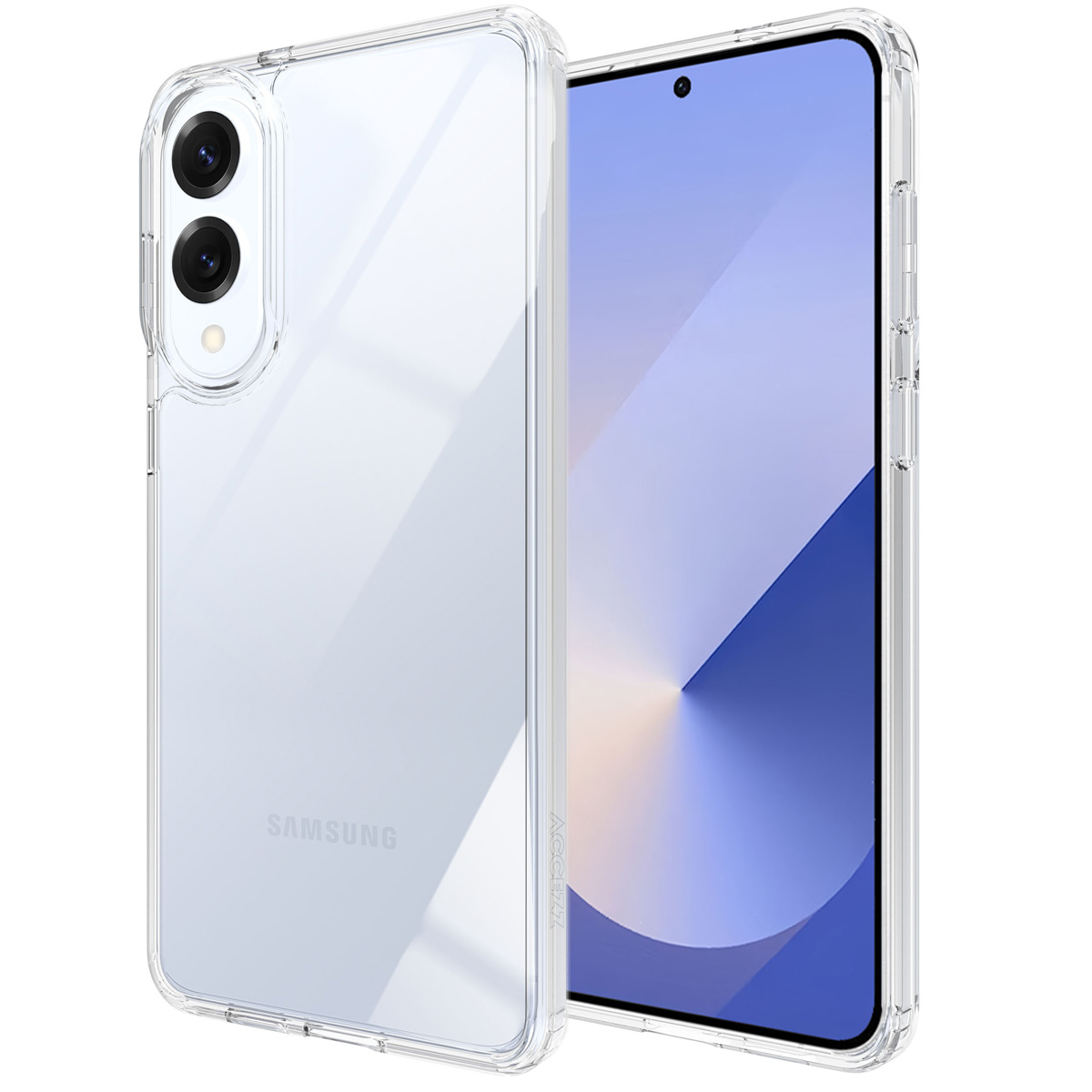 Transparante telefoonhoes met een telefoon erin. De telefoon heeft een blauw-witte achtergrond.