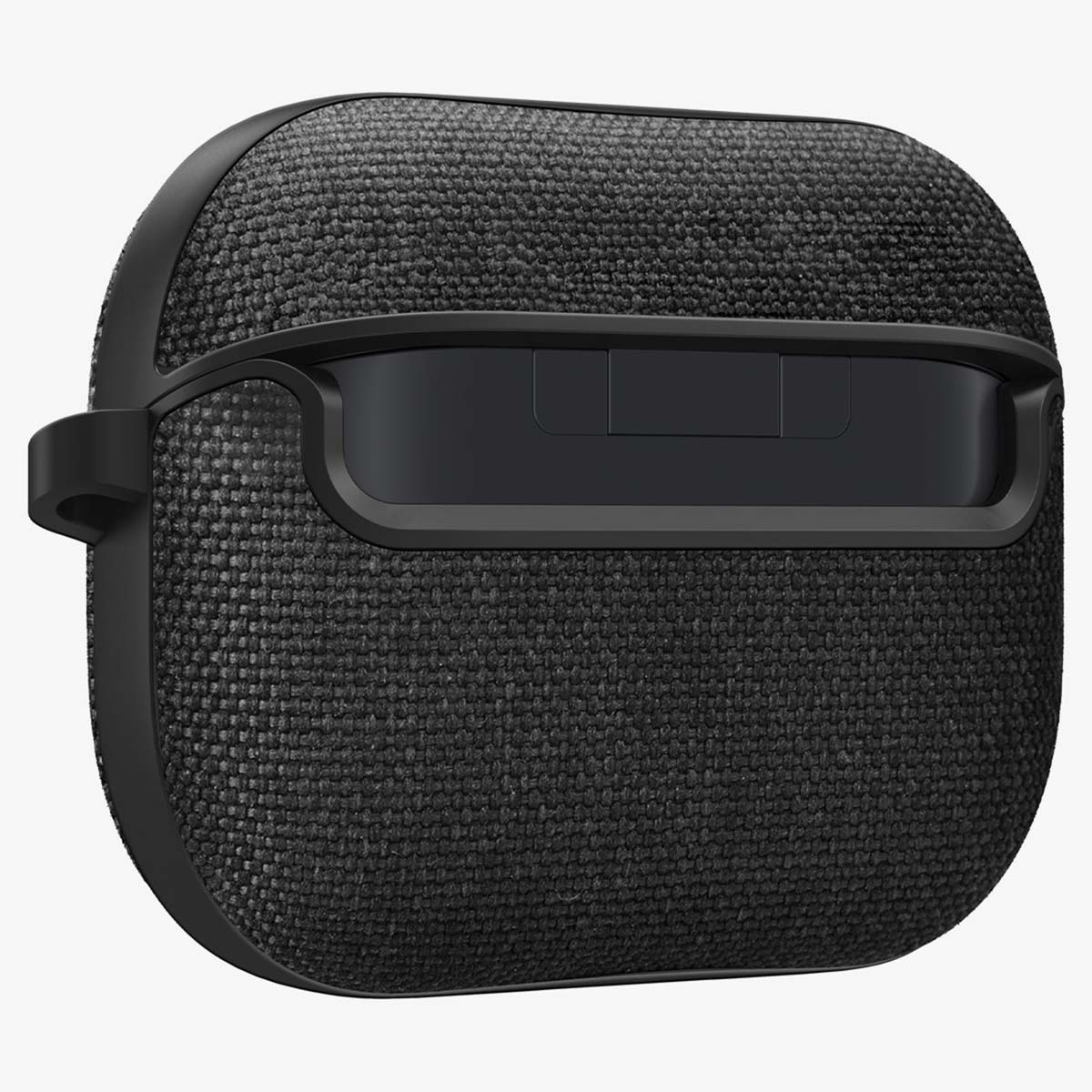 Zwarte stoffen AirPods-hoes, gesloten, met een zwart frame en een witte achtergrond.