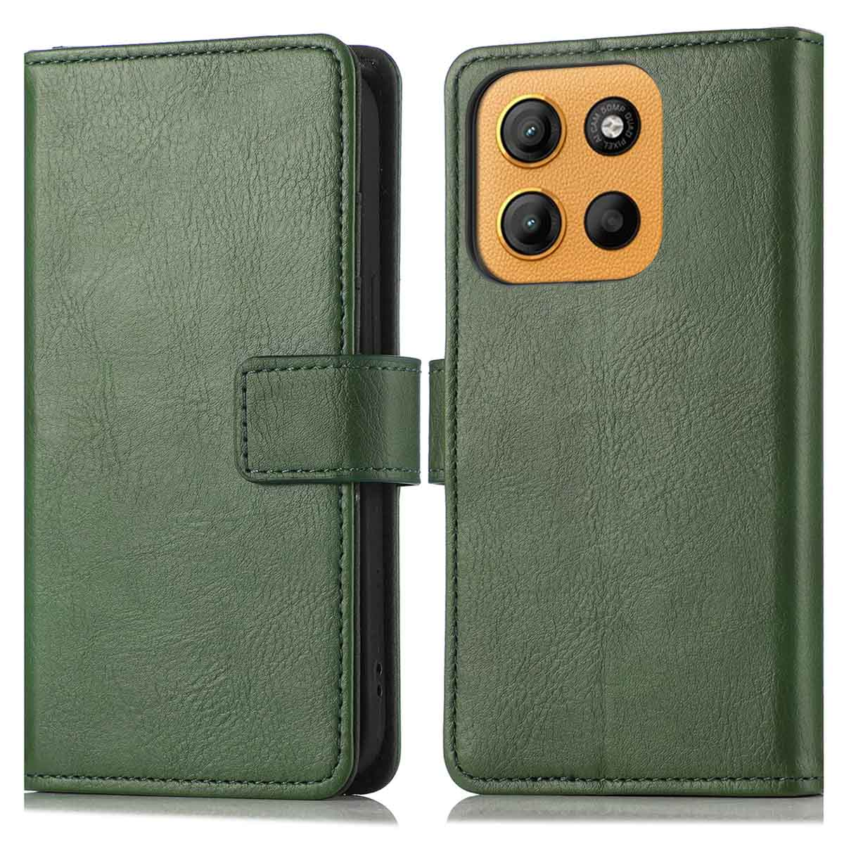 Groene leren telefoonhoes open, met de telefoon en cameralenzen zichtbaar. De hoes heeft een magnetische sluiting.