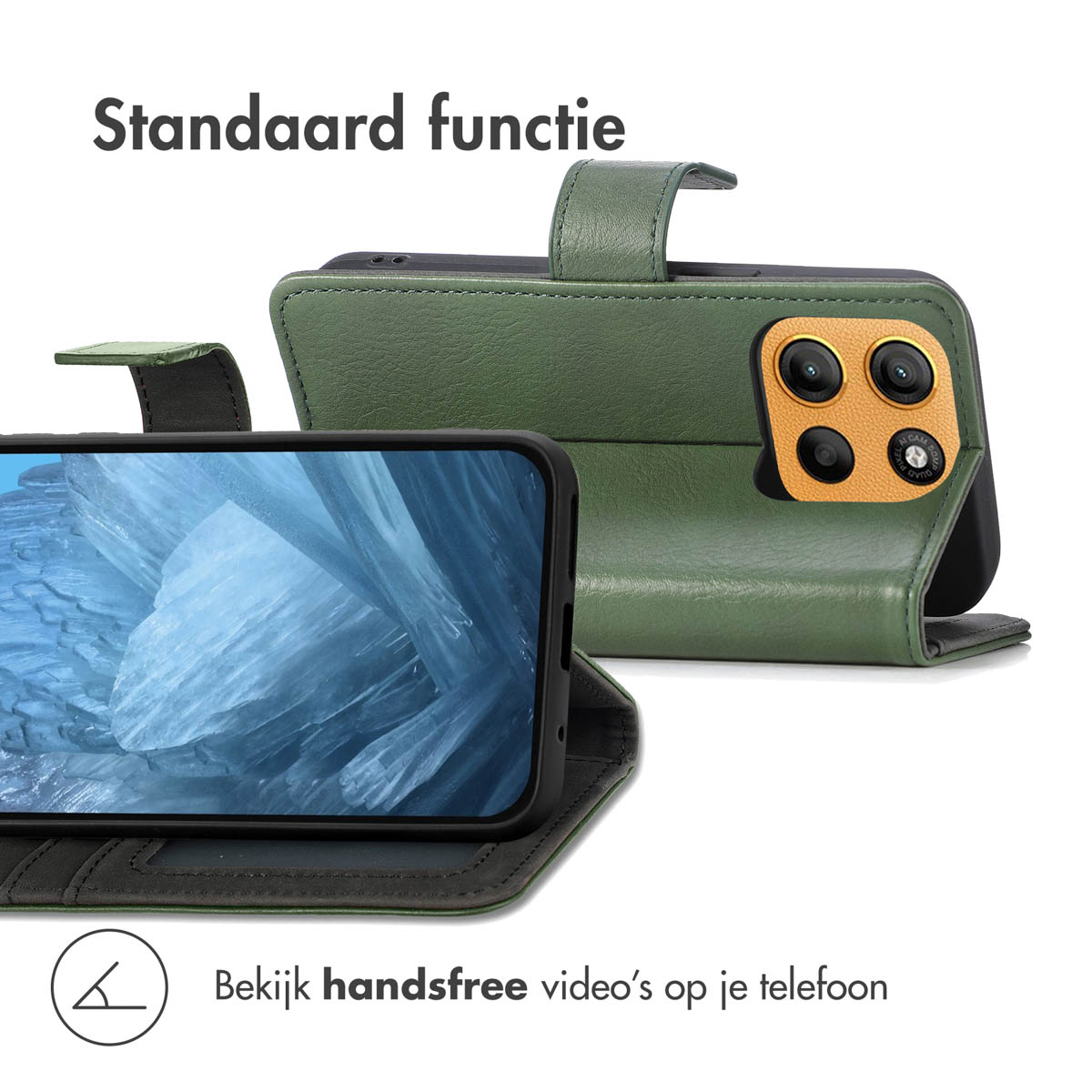 Een groene telefoonhoes, open, met een telefoonscherm en telefooncamera.