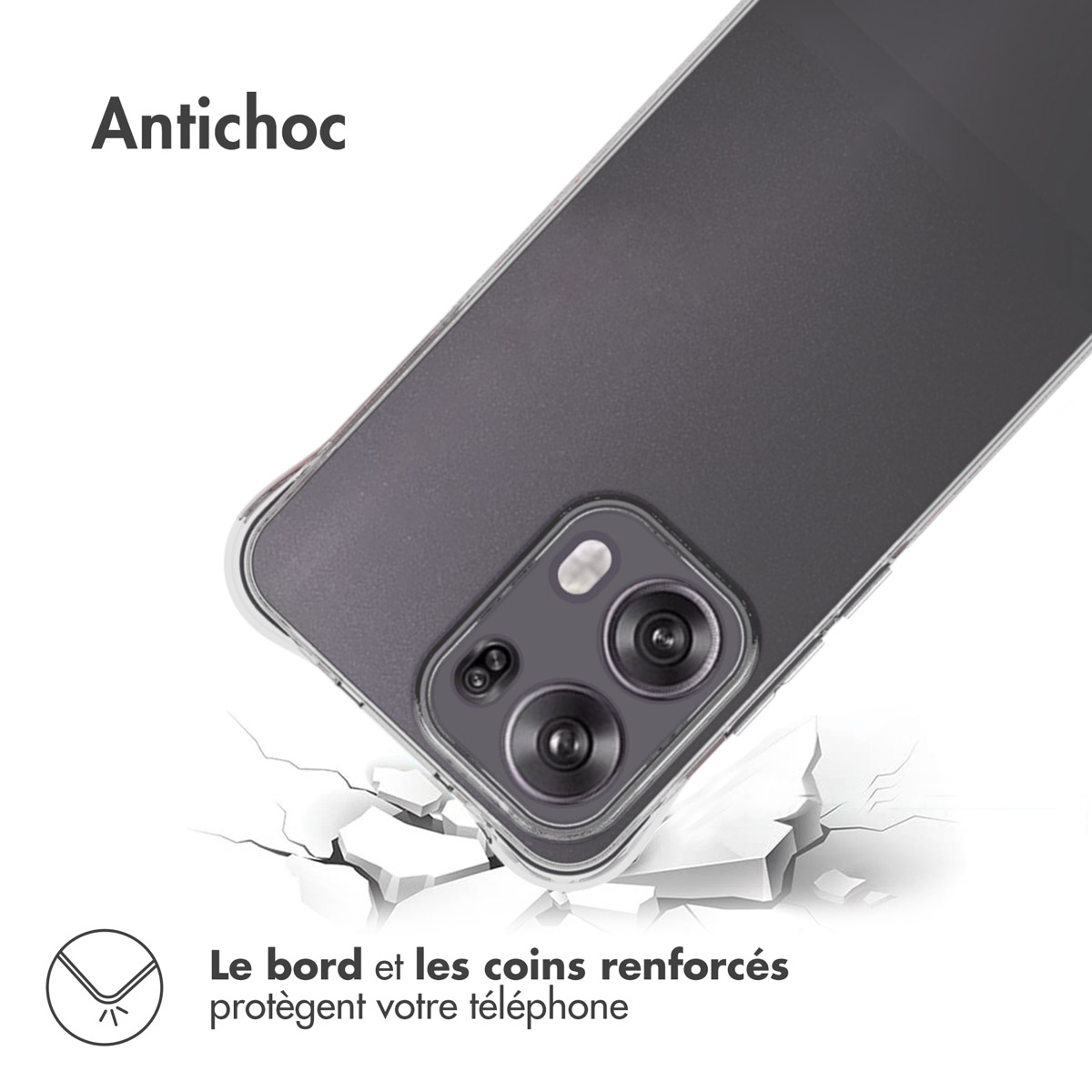 Custodia per telefono con telefono all'interno, con sfondo schermo rotto. La custodia è su una superficie bianca.