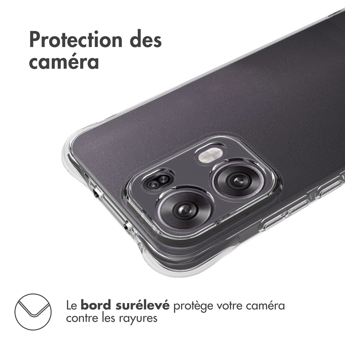 Custodia trasparente per telefono con bordo rialzato. Testo: 'Protezione della fotocamera'.