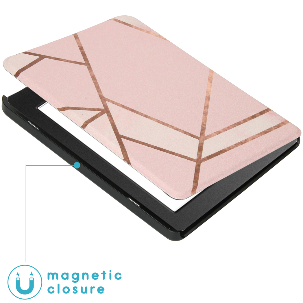 Een e-reader hoesje open. Lichtroze cover met gouden lijnen. De e-reader zit in een zwart frame. Magnetische sluiting label.