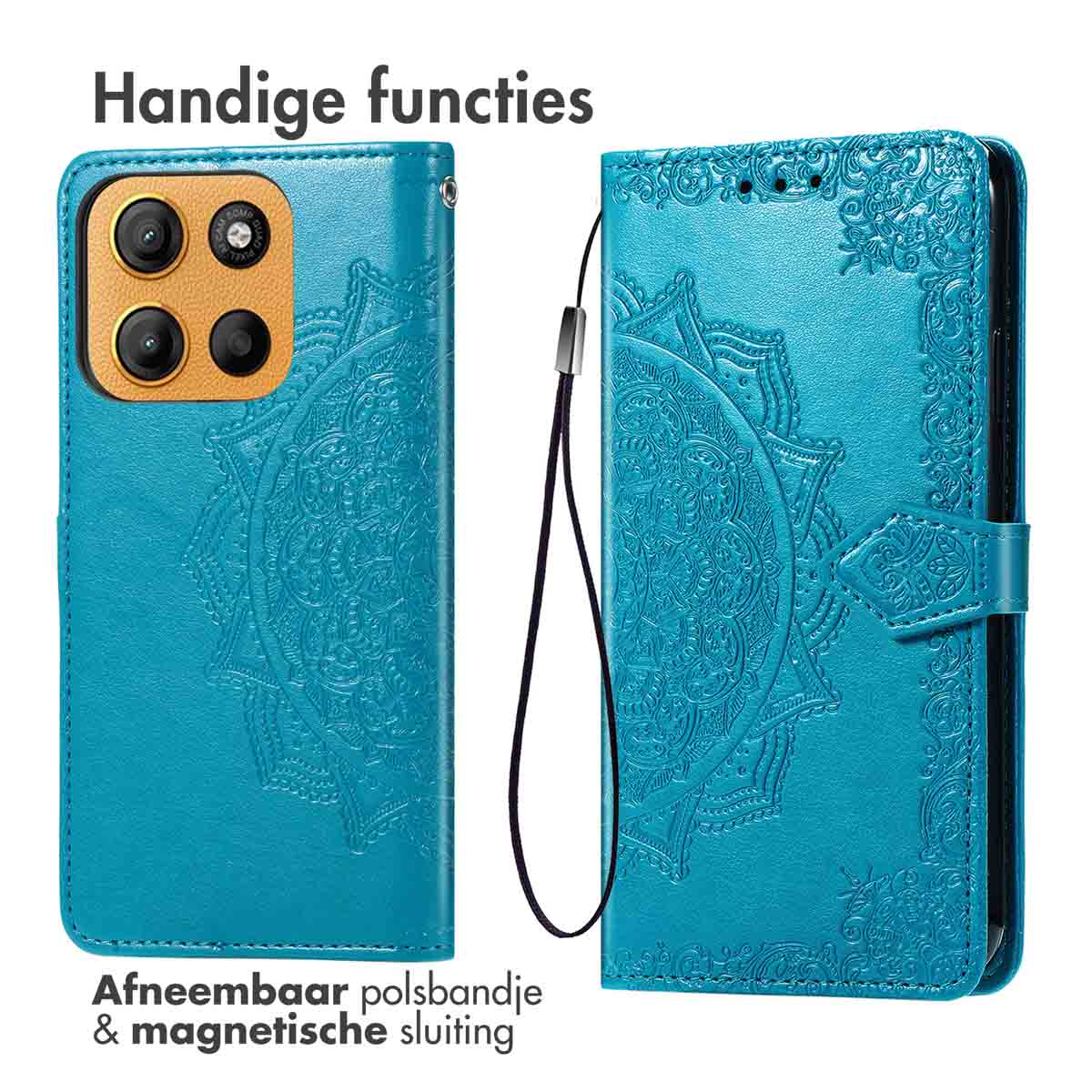 Custodia teal con design mandala, aperta. Con cinturino e chiusura magnetica.