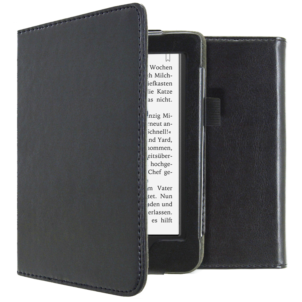 Een open e-reader hoes met een zwarte cover en tekst op het scherm. De achtergrond is wit.