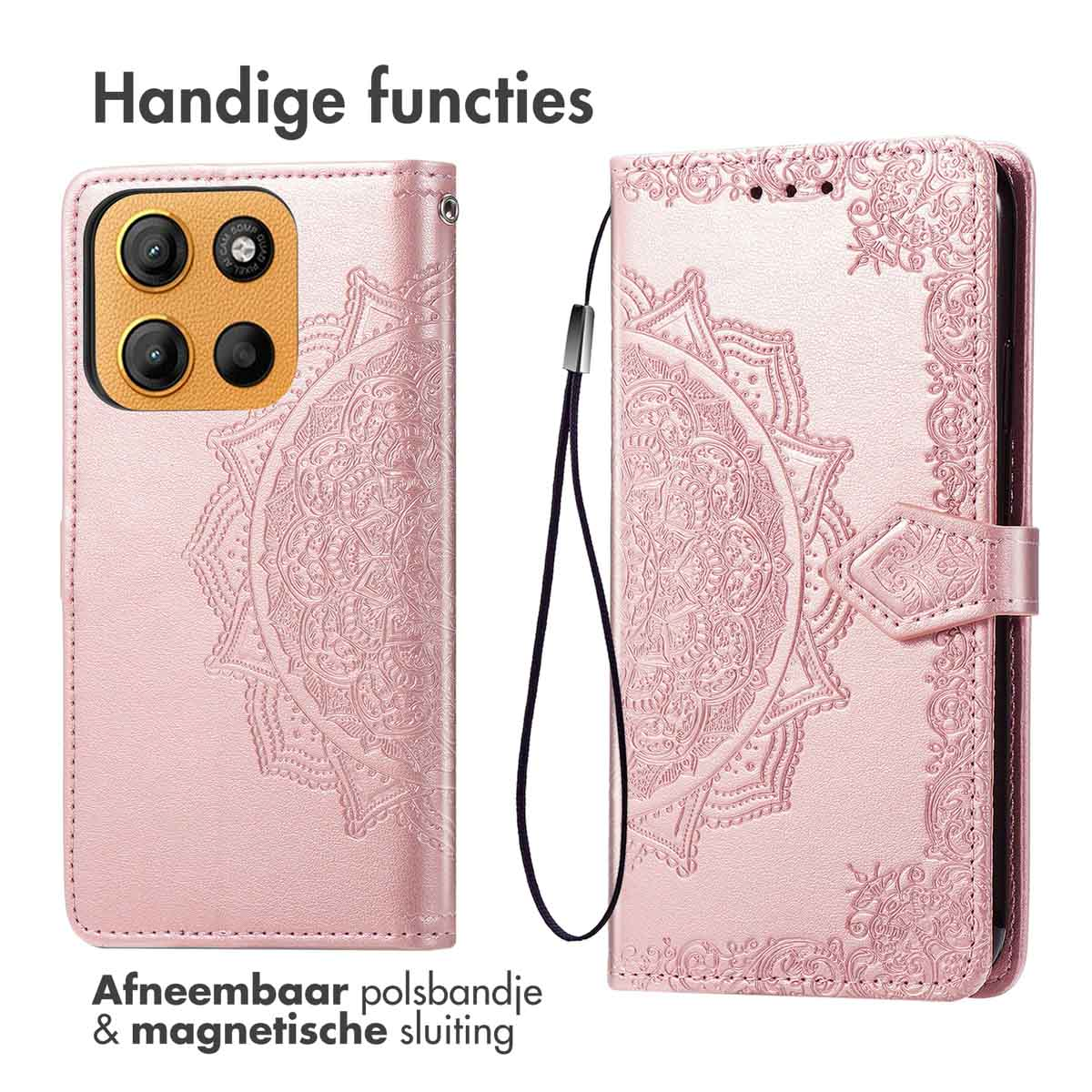 Una custodia per telefono rosa. Telefono all'interno, aperto a sinistra, con cinturino. Custodia decorata con chiusura magnetica.