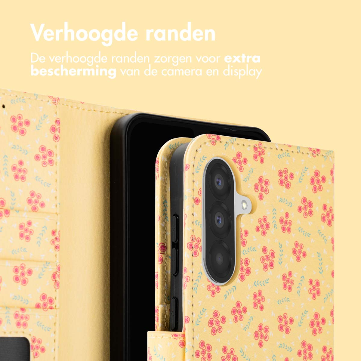 Un étui de téléphone est ouvert, jaune avec un motif floral. Le téléphone est visible.