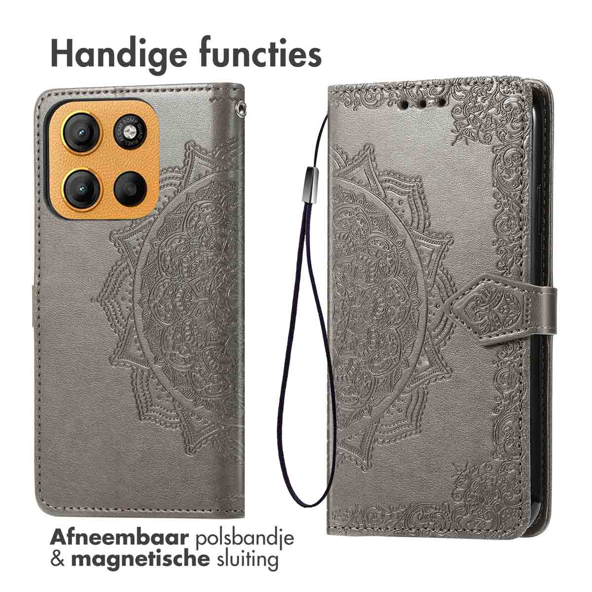 Custodia per telefono grigia con design mandala. Ha un cinturino da polso staccabile e chiusura magnetica.