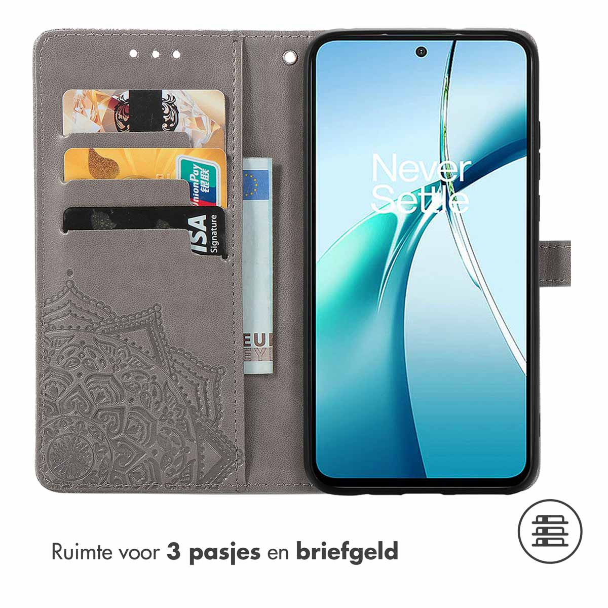 Custodia grigia aperta con telefono, carte e banconota. Design in rilievo.