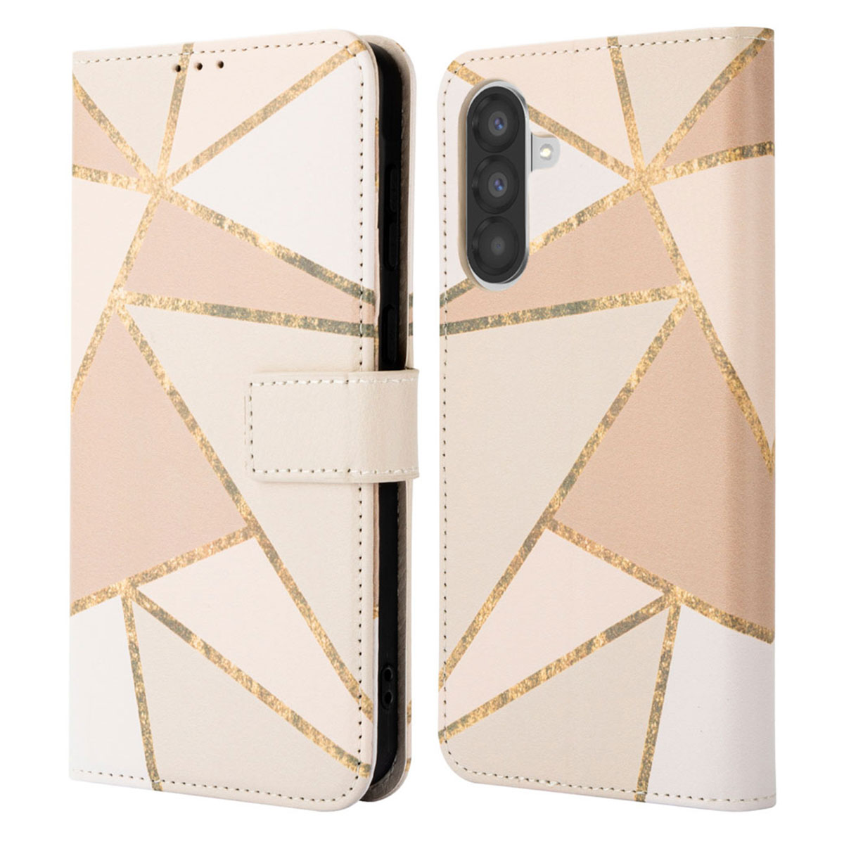 Un étui de téléphone est ouvert, montrant un design géométrique en blanc, beige et or.