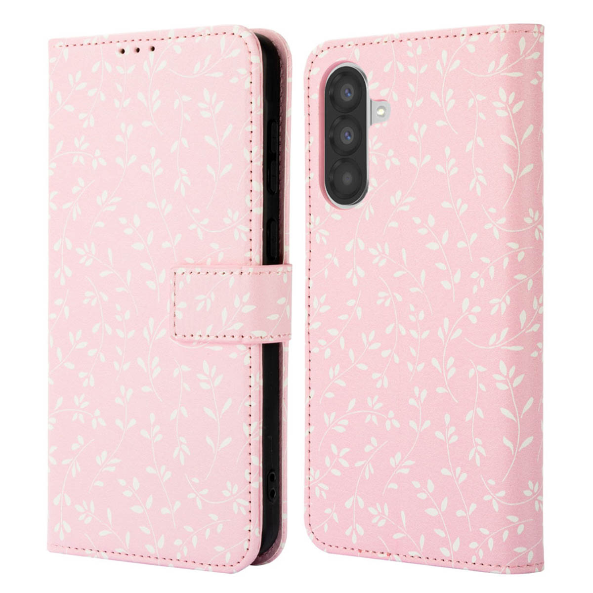 Une coque de téléphone rose à motifs floraux avec un téléphone à l'intérieur.