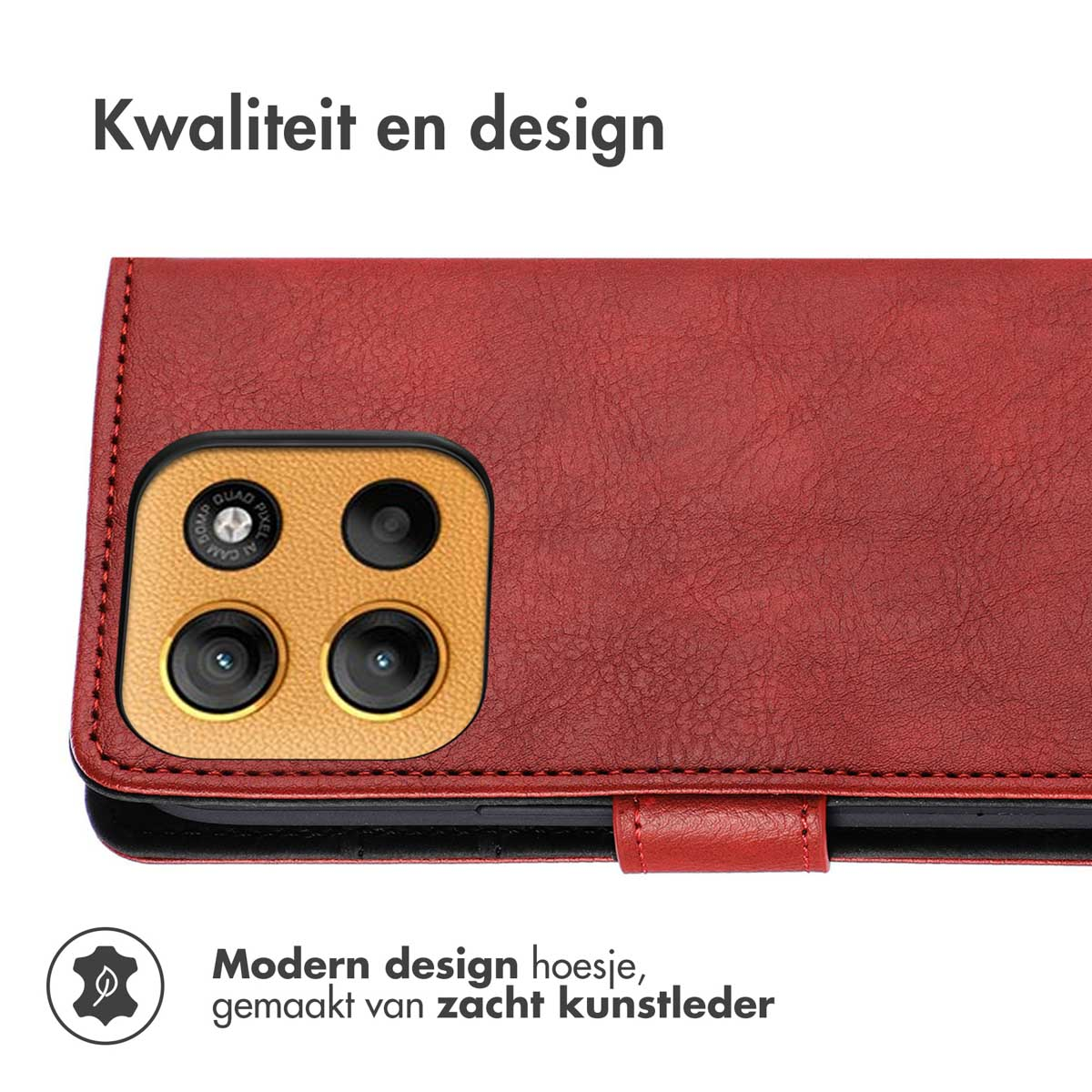 Rode leren telefoonhoes, close-up van de camera, met een zwarte achtergrond. De hoes is open.