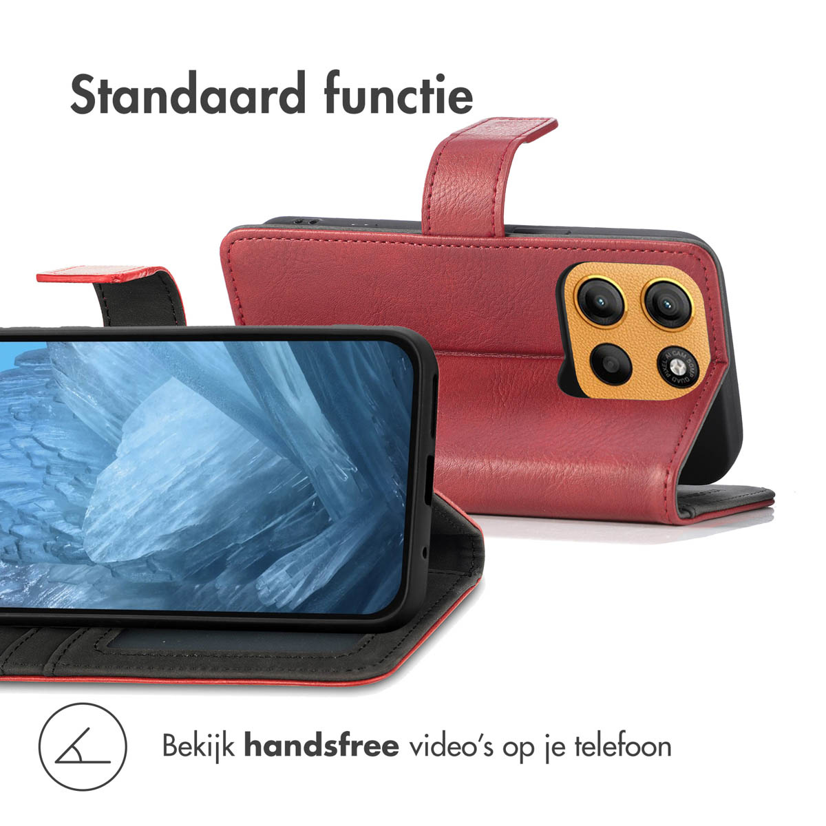 Rode telefoonhoes met telefoon erin. Telefoon ligt op de open hoes, omhoog gekanteld.