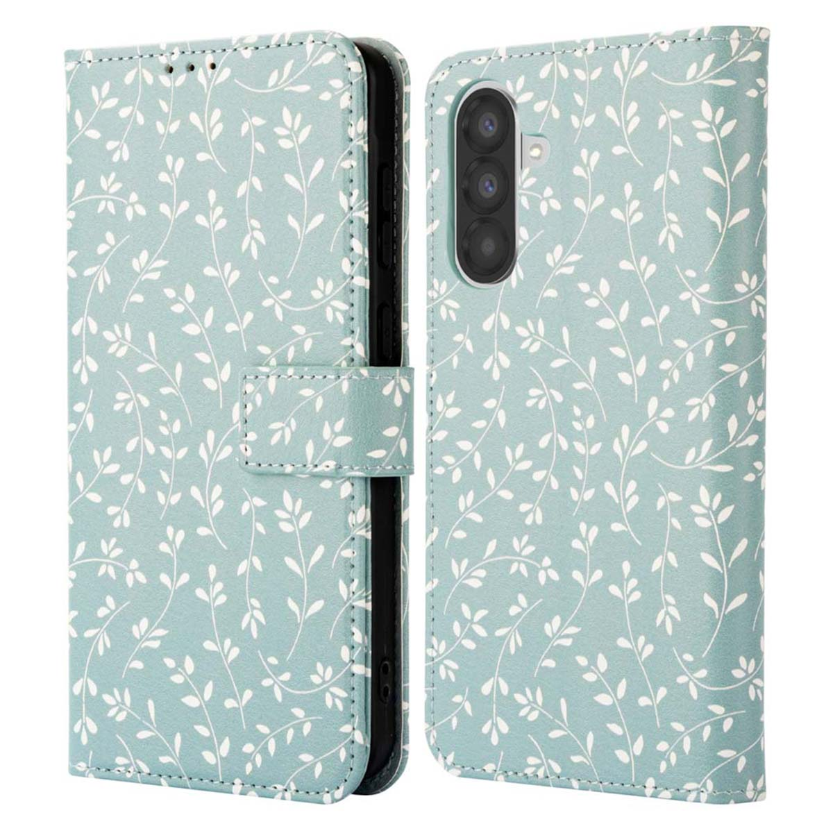 Coque de téléphone bleu clair avec motif floral blanc, ouverte, montrant un téléphone. Fond blanc.