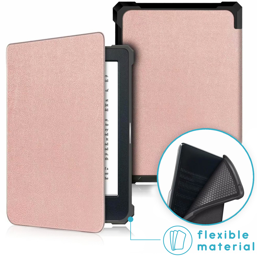 Roze e-reader hoes open. De hoes toont een open boek en een diagram van flexibel materiaal.