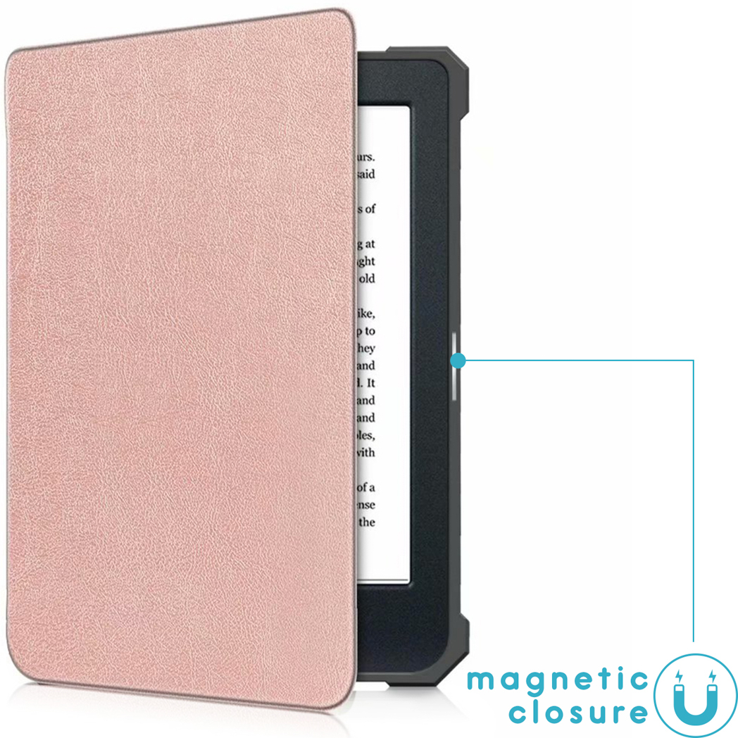Een roze e-reader hoes met een magnetische sluiting. De e-reader is zichtbaar.