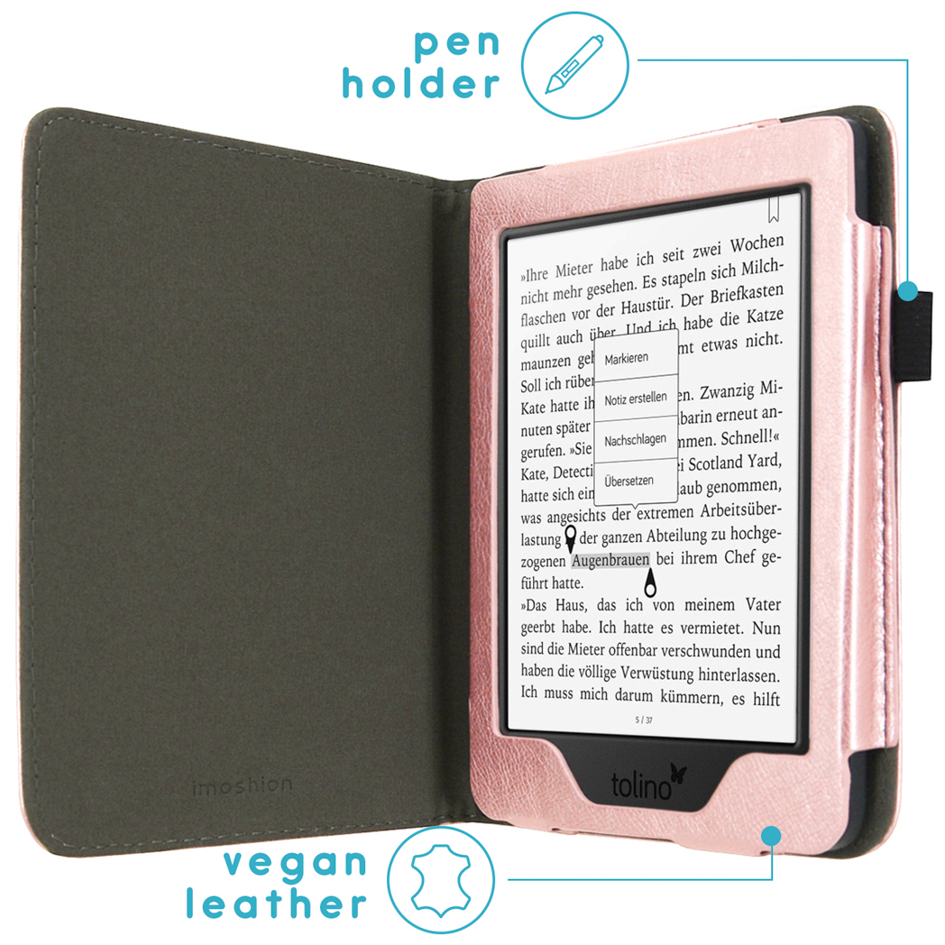 Étui de liseuse en cuir végétal rose et gris. Texte à l'écran. Porte-stylo et cuir végétal indiqués.