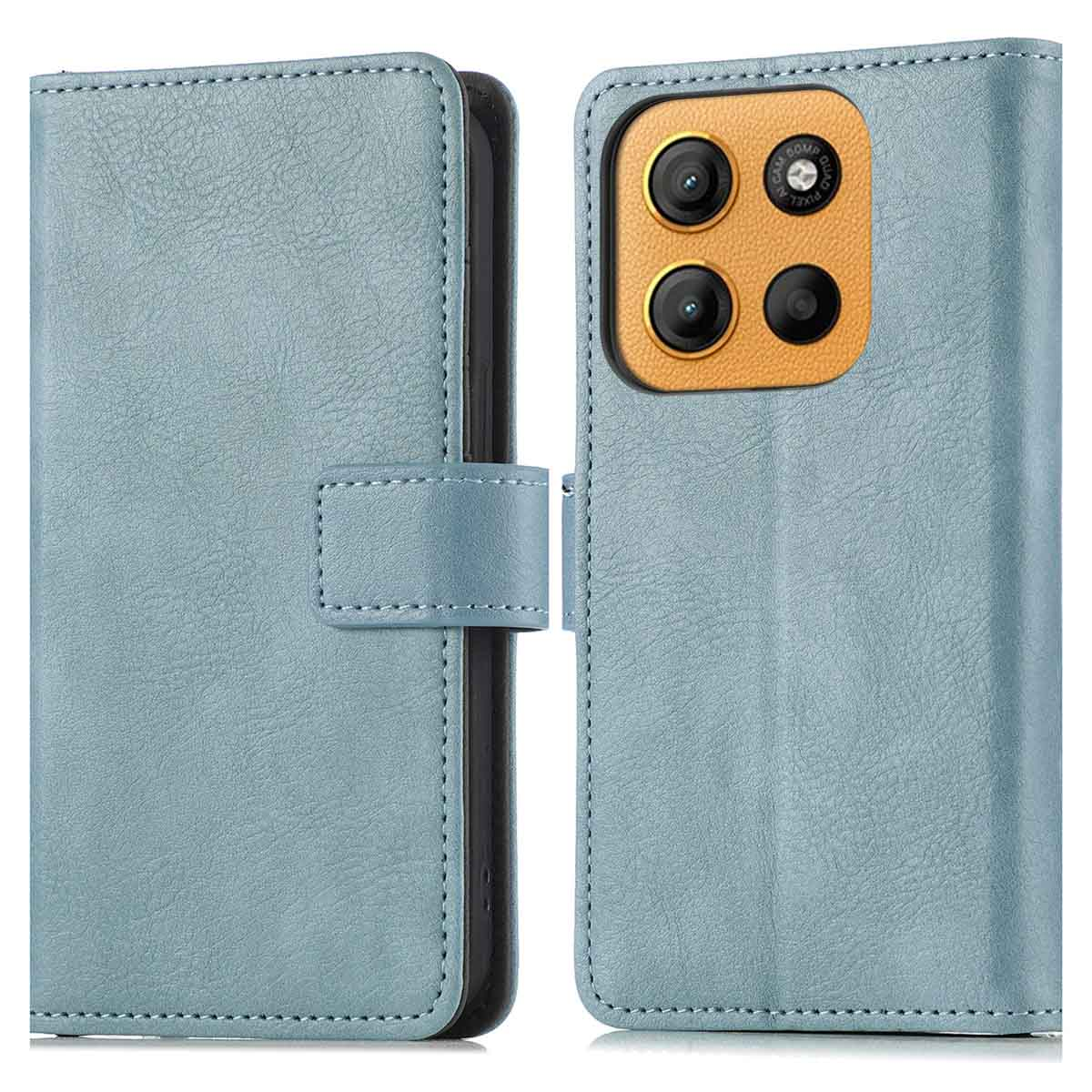Un étui de téléphone bleu clair, ouvert, montrant l'appareil photo du téléphone et un fermoir fermé.