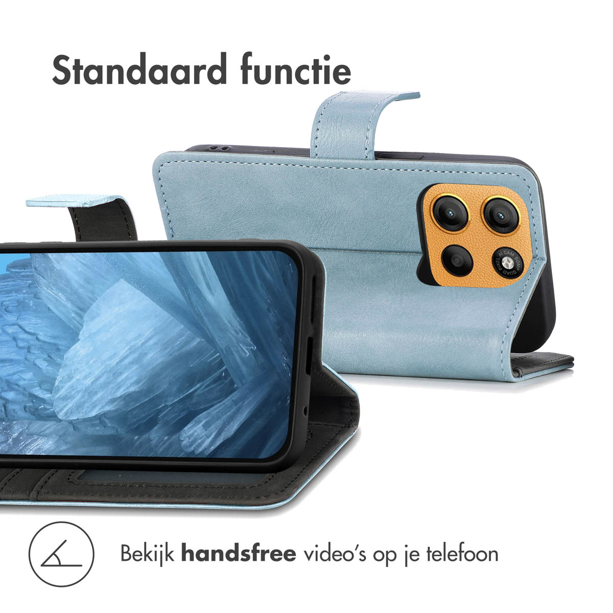 Coque de téléphone bleue avec un téléphone à l'intérieur, montrant les lentilles de l'appareil photo.