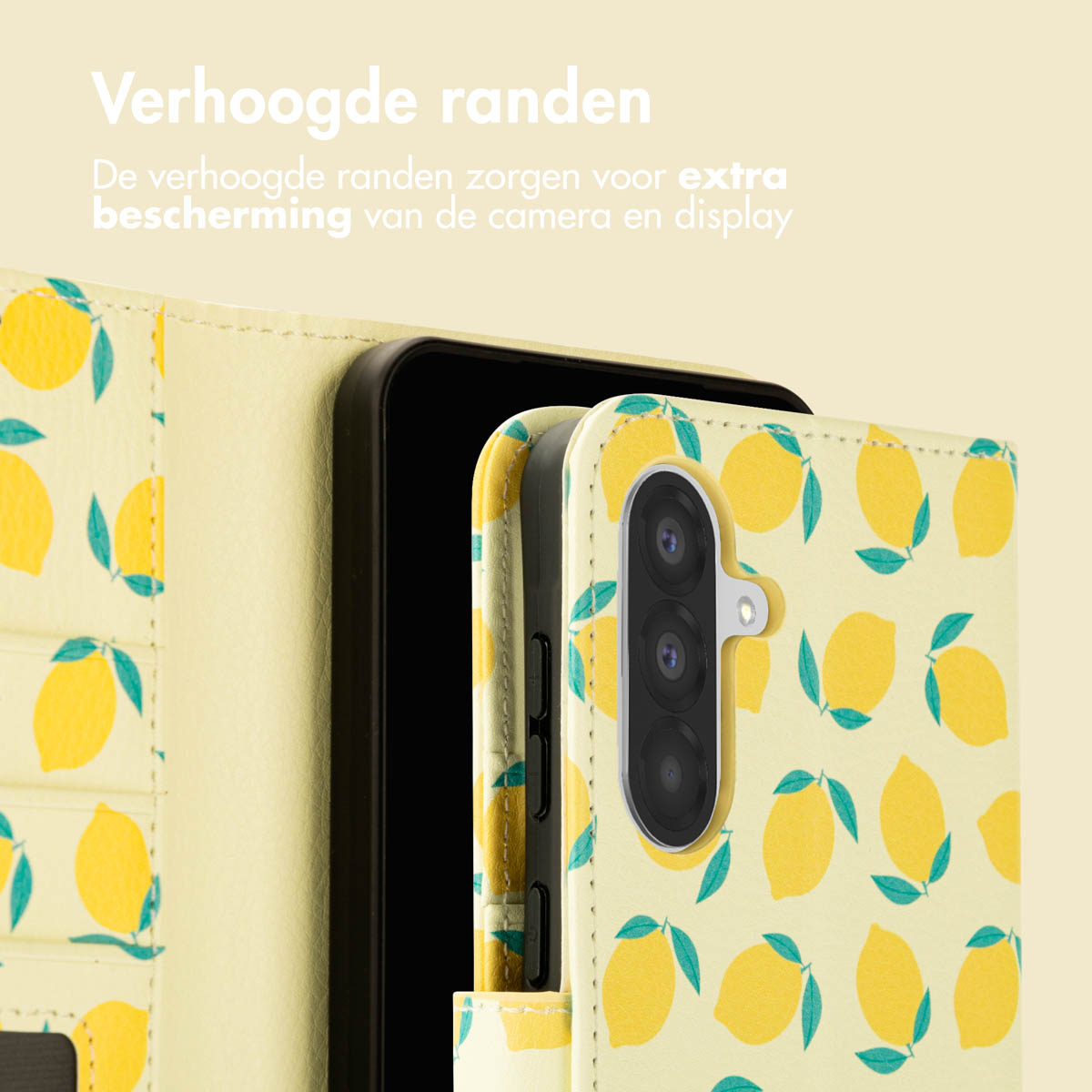 Coque de téléphone jaune avec motif citron. Téléphone à l'intérieur. Texte sur la protection.