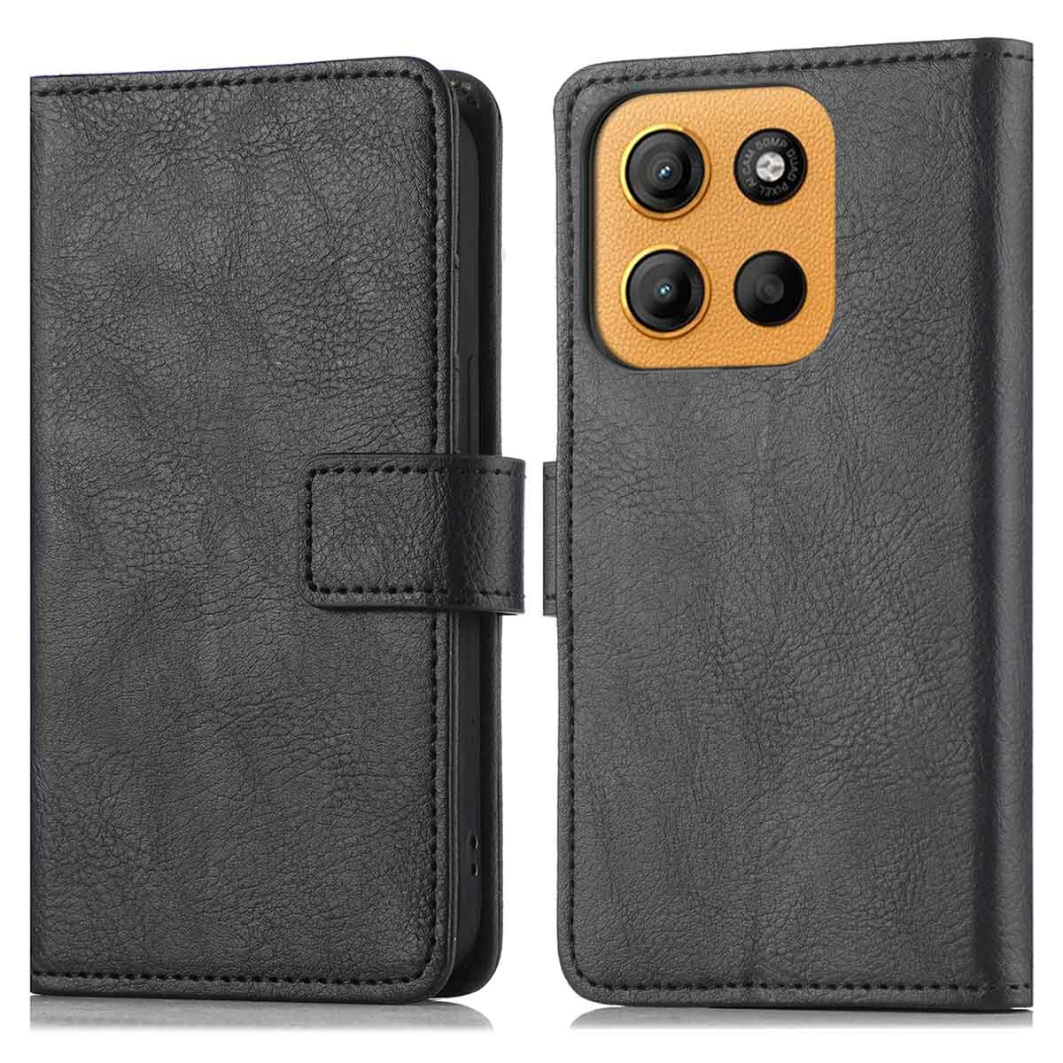 Zwarte leren portemonneehoes voor telefoon. Twee zijden, een met knoppen, een met camera.