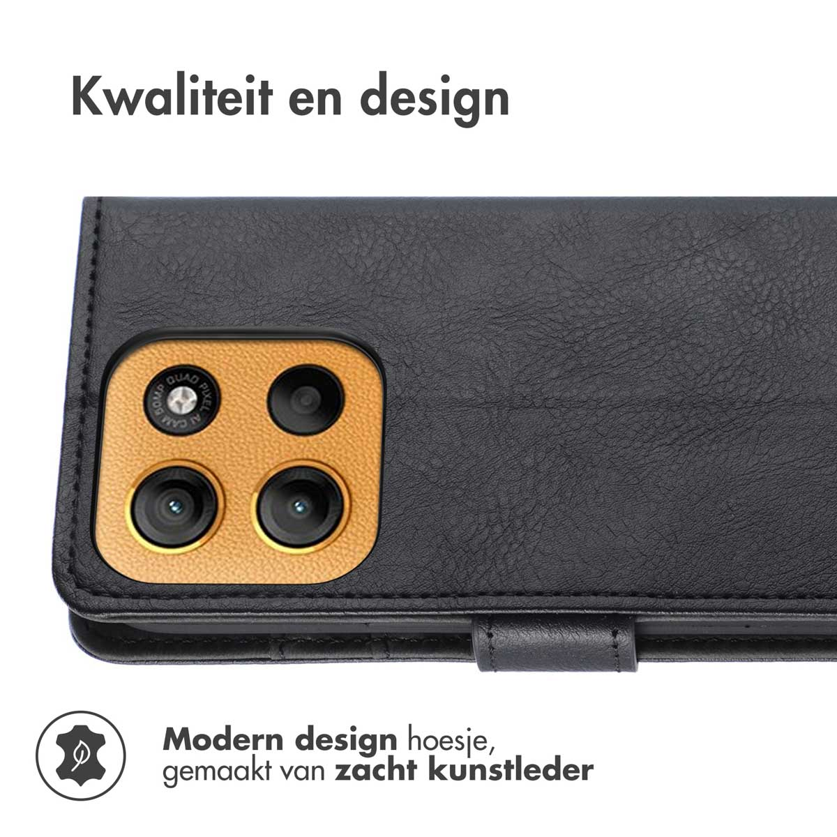 Zwarte telefoonhoes met cameradetails. Tekst op de case: Kwaliteit en design. Gemaakt van zacht leer.